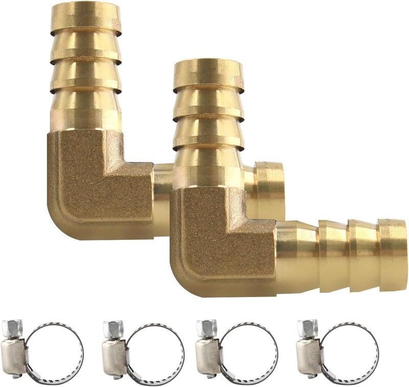 AUXBC 2Pcs 1/2Inch 90 Degree Brass Hose Barb, L Right Angle Brass Barb Elbow Connector Fitting with 4Pcs Hose Clamps for Fuel, Air, Water, Oil, Gas(12mm) - Image 1